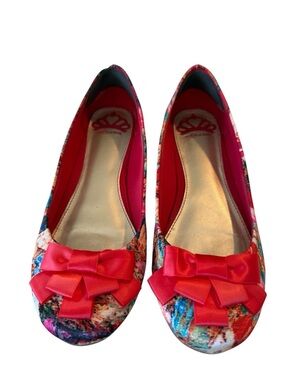 Fergalicious Adele Floral Ballet Flats Velvet Multicolor Red Bow Slip On Shoes